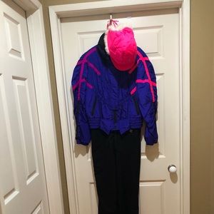 Obermeyer one piece ski outfit with fur-lined hat